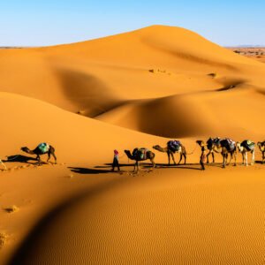 Sunset over the Moroccan desert with sand dunes in Merzouga